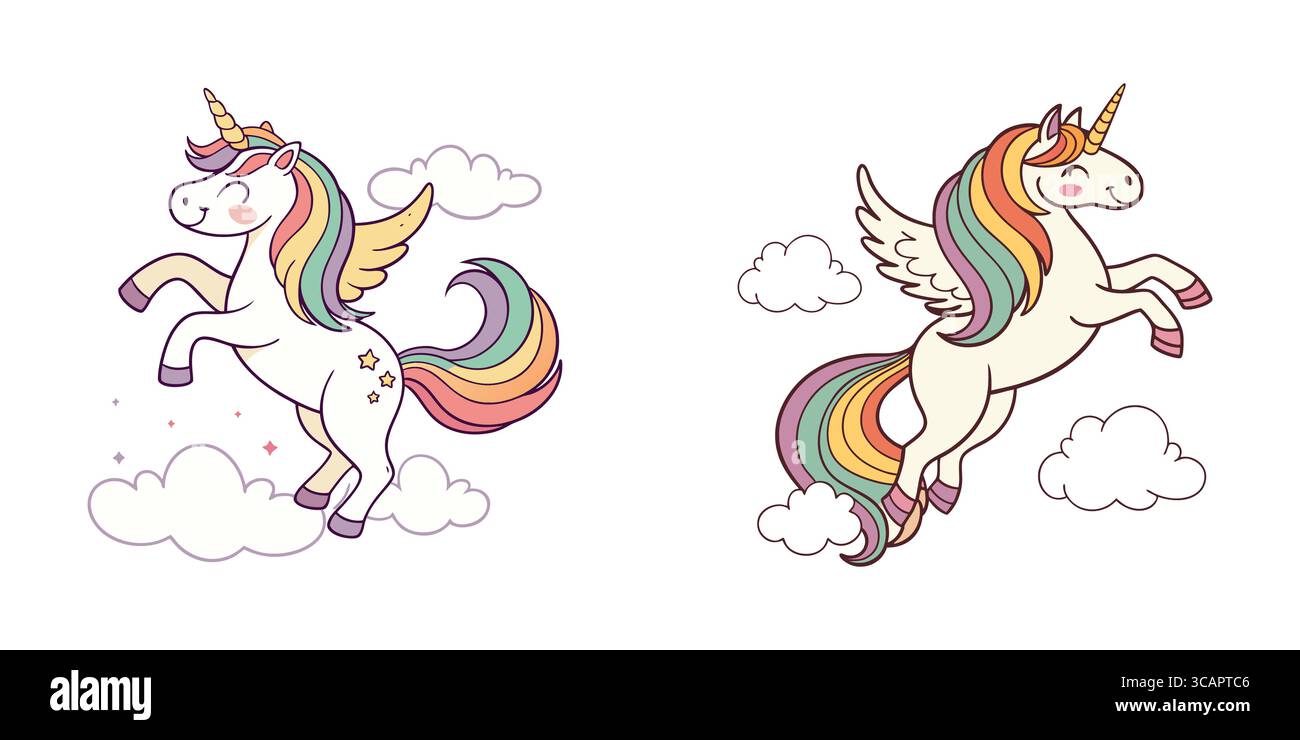 Unicorni volanti con Rainbow Manes e Ali in un cielo nuvoloso Illustrazione Vettoriale