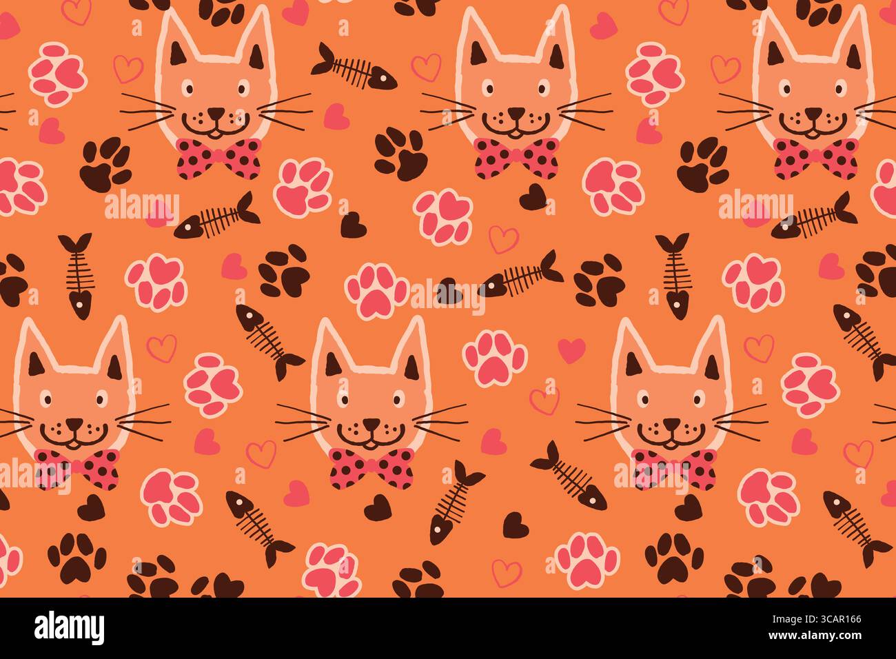 Divertenti stampe Paw, cuori, ossa di pesce e carine teste di gatto su sfondo arancione. Graziose stampe di zampe animali senza cuciture e cuori disegnati. Ottimo per la moda Illustrazione Vettoriale