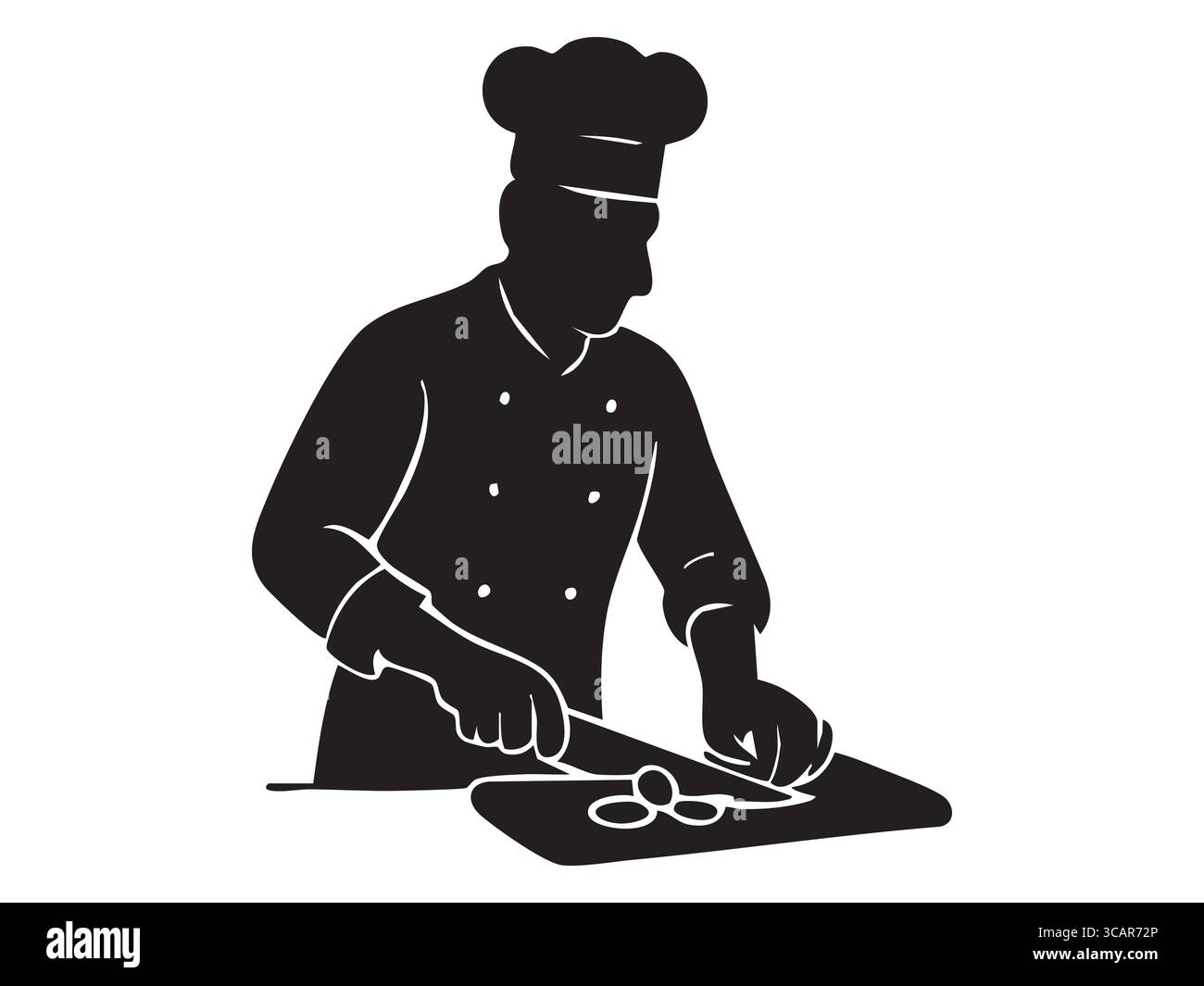 Silhouette nera dello chef che affetta verdure, isolata su sfondo bianco. concetto di cucina, arte culinaria, cucina professionale, preparazione degli alimenti, Illustrazione Vettoriale