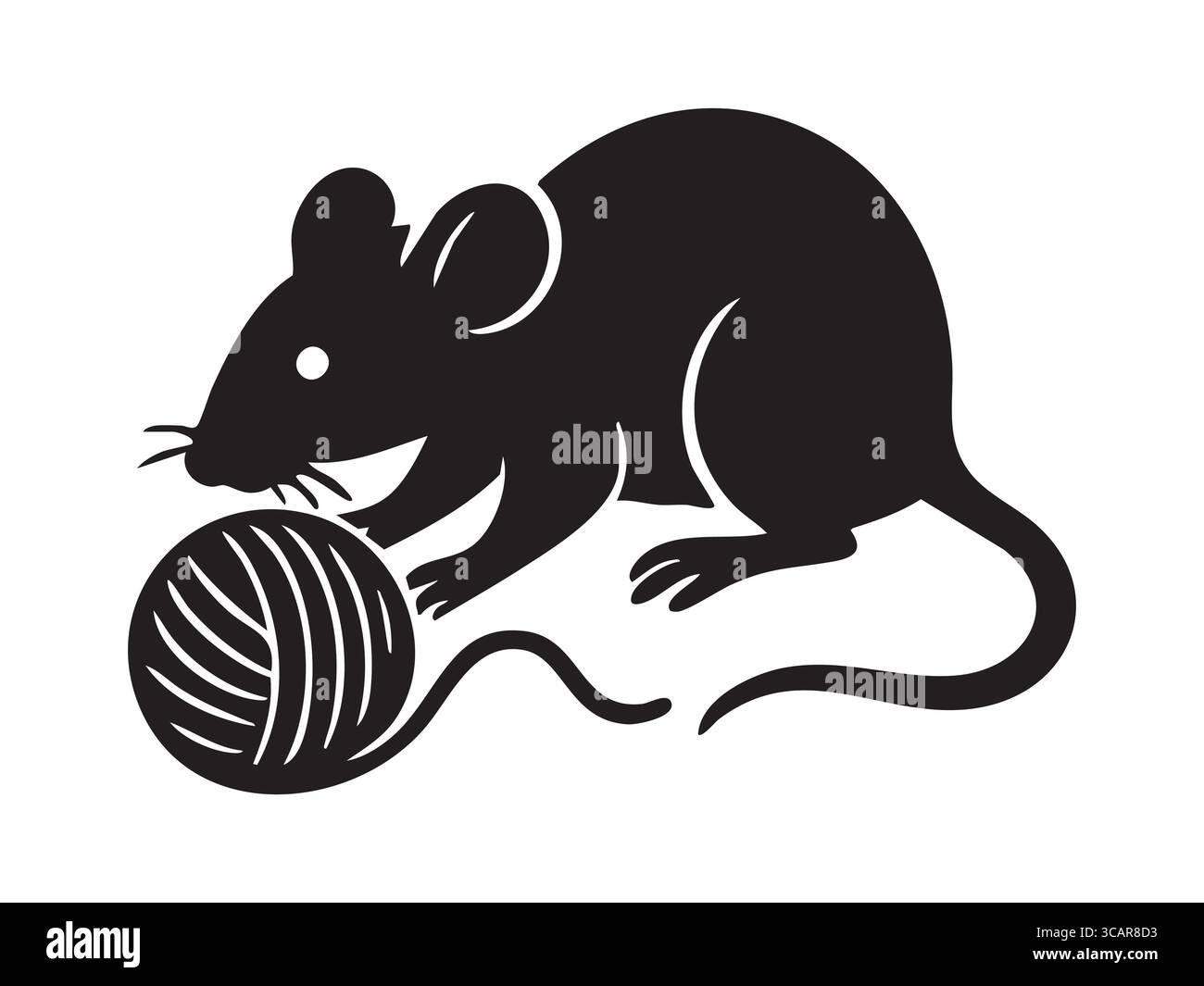 Silhouette nera di topo che gioca con la palla di filato, isolata su sfondo bianco. concetto di animale domestico, animale carino, creatura domestica, tempo di gioco, icona, registro Illustrazione Vettoriale