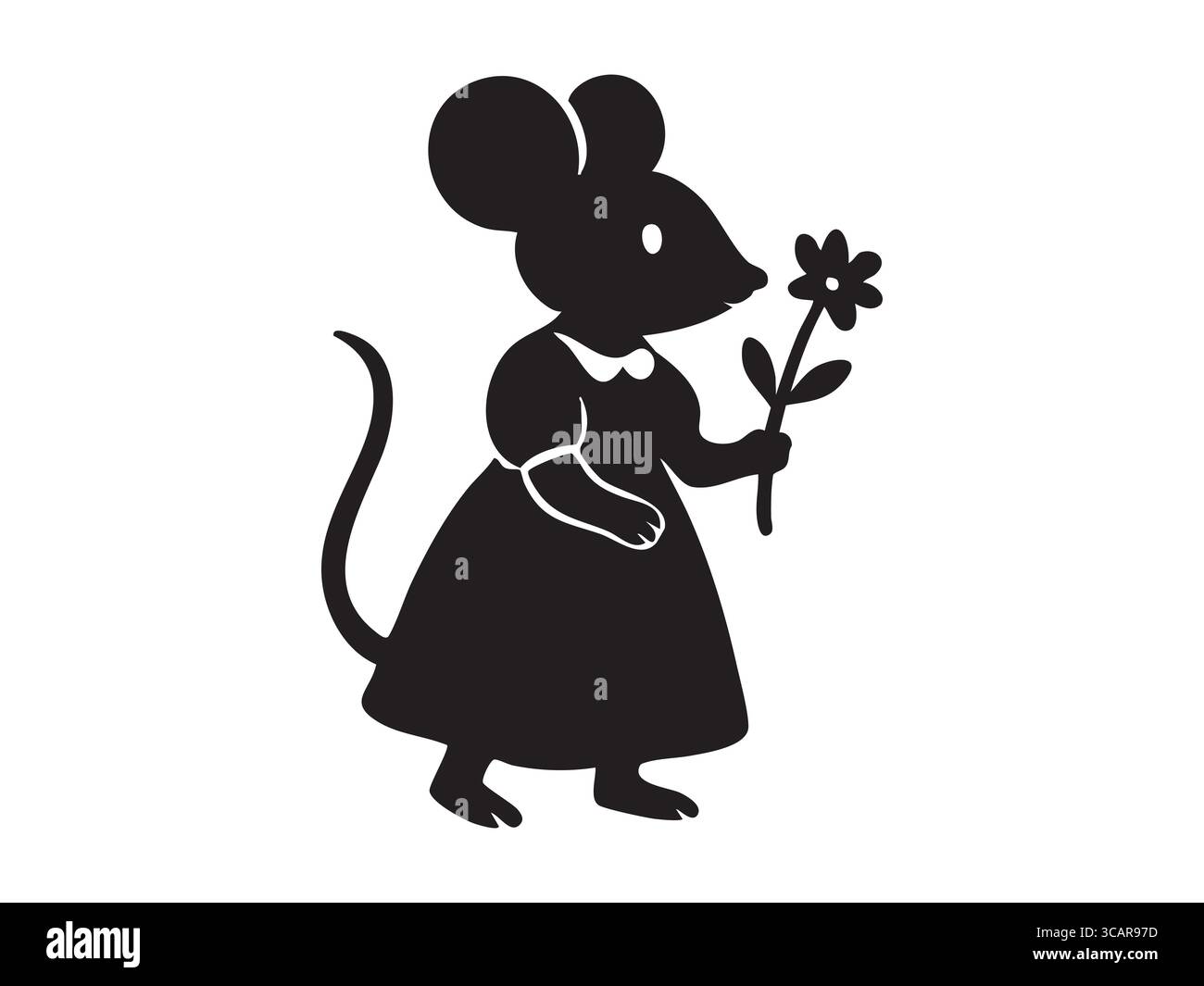 Silhouette nera del topo che tiene il fiore, in abito, isolata su sfondo bianco. concetto di topo carino, regalo di fiori, decorazione stravagante, cartoon ar Illustrazione Vettoriale