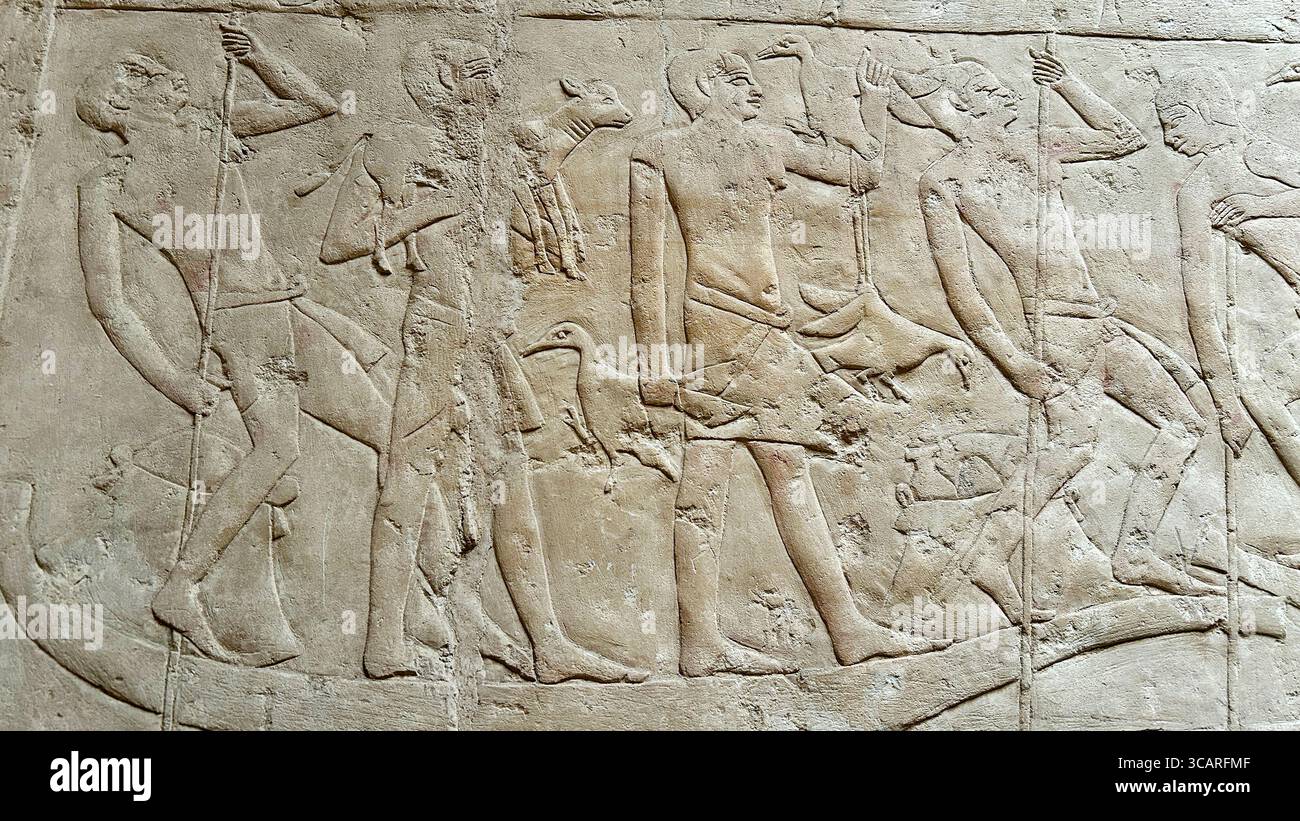 L'antica scultura in rilievo egizia mostra le persone che trasportano oche e pecore per sacrifici rituali, simboleggiando le offerte agli dei. Foto Stock