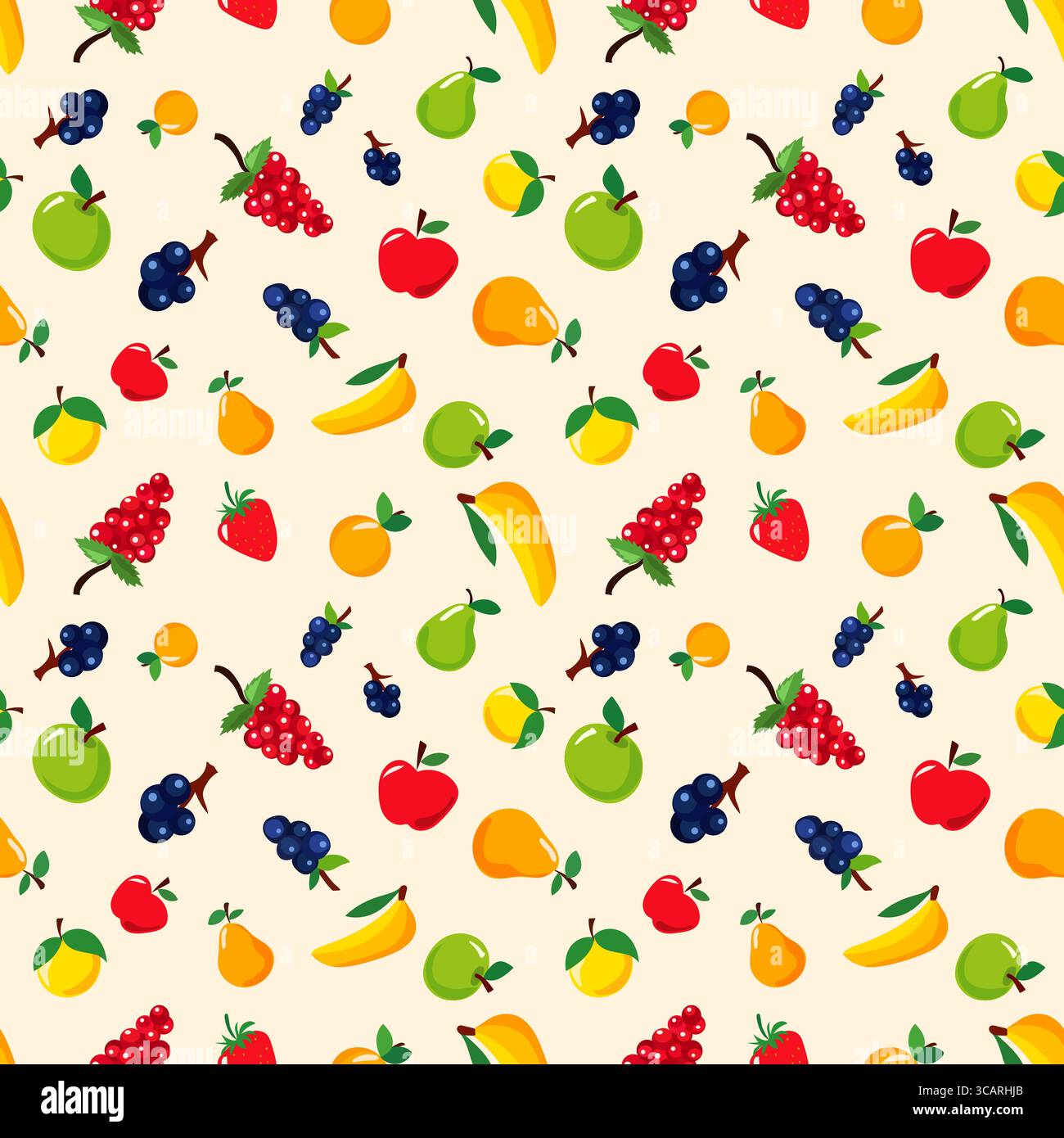 Questo motivo vibrante e senza interruzioni mette in mostra una varietà di frutti e bacche, tra cui uva, mele e fragole su uno sfondo chiaro, perfetto Illustrazione Vettoriale