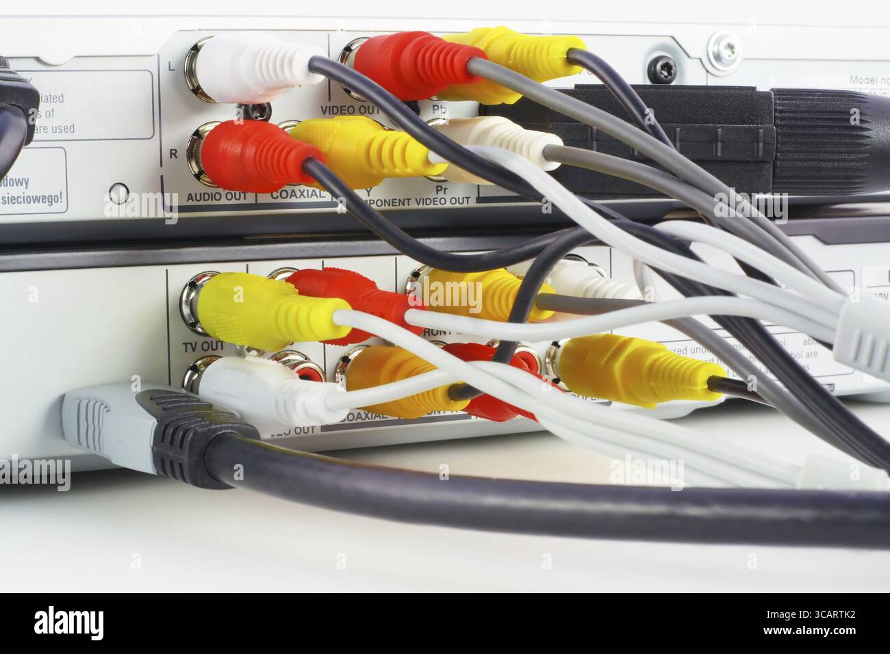 I moderni lettori DVD da vicino sono dotati di cavi audio e video analogici e giganteschi collegati Foto Stock