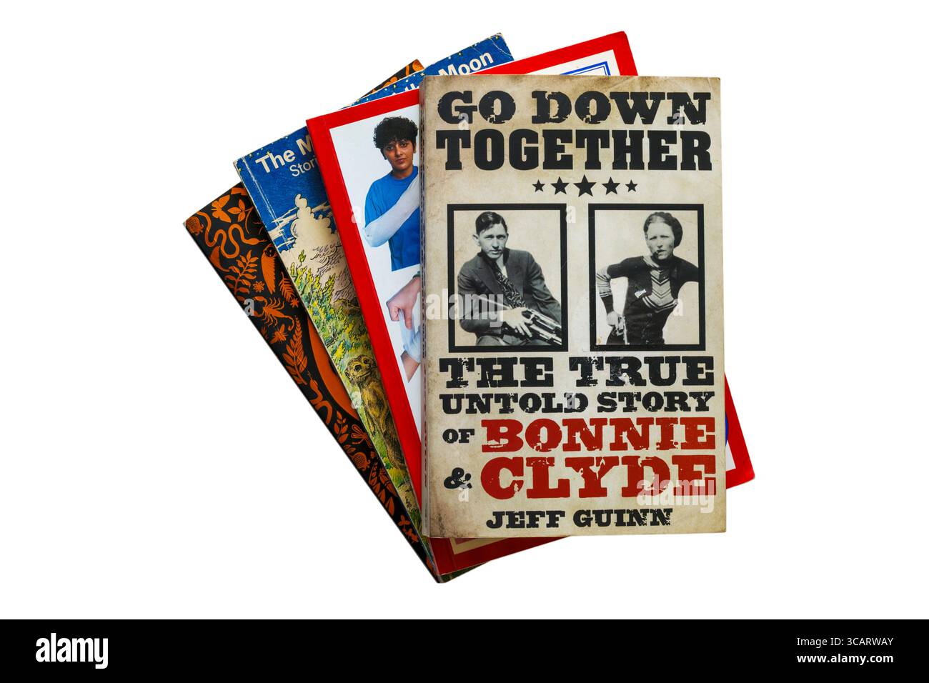 Selezione di libri con Go Down Together The True Untold Story of Bonnie & Clyde di Jeff Guinn in cima isolati su sfondo bianco Foto Stock
