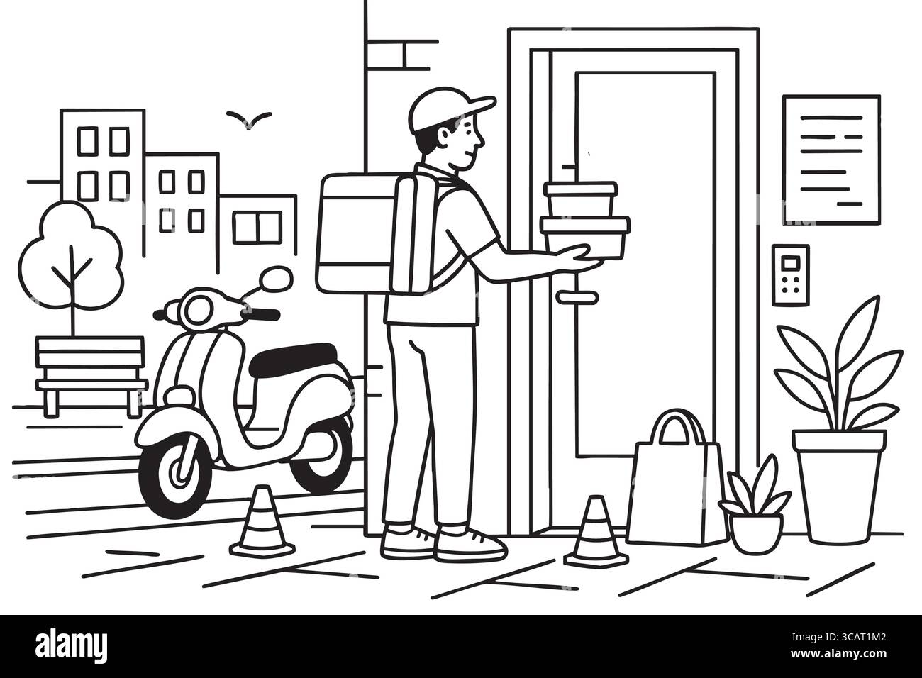 Addetto alla consegna con scatola di cibo alla pagina di colorazione dell'ingresso dell'edificio. Illustrazione Vettoriale