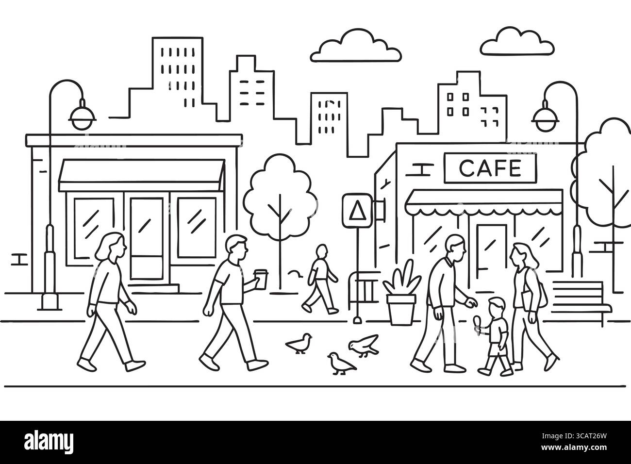 Persone che camminano vicino a caffè e negozi nella zona urbana Illustrazione Vettoriale