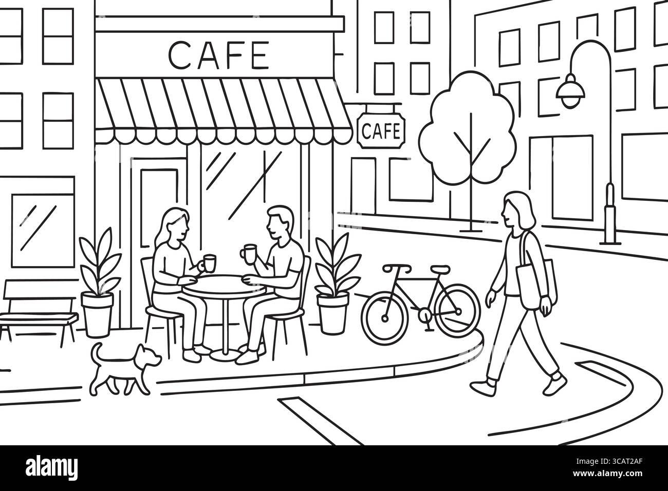 Una coppia beve un caffè all'aperto nella pagina dei colori della città. Illustrazione Vettoriale