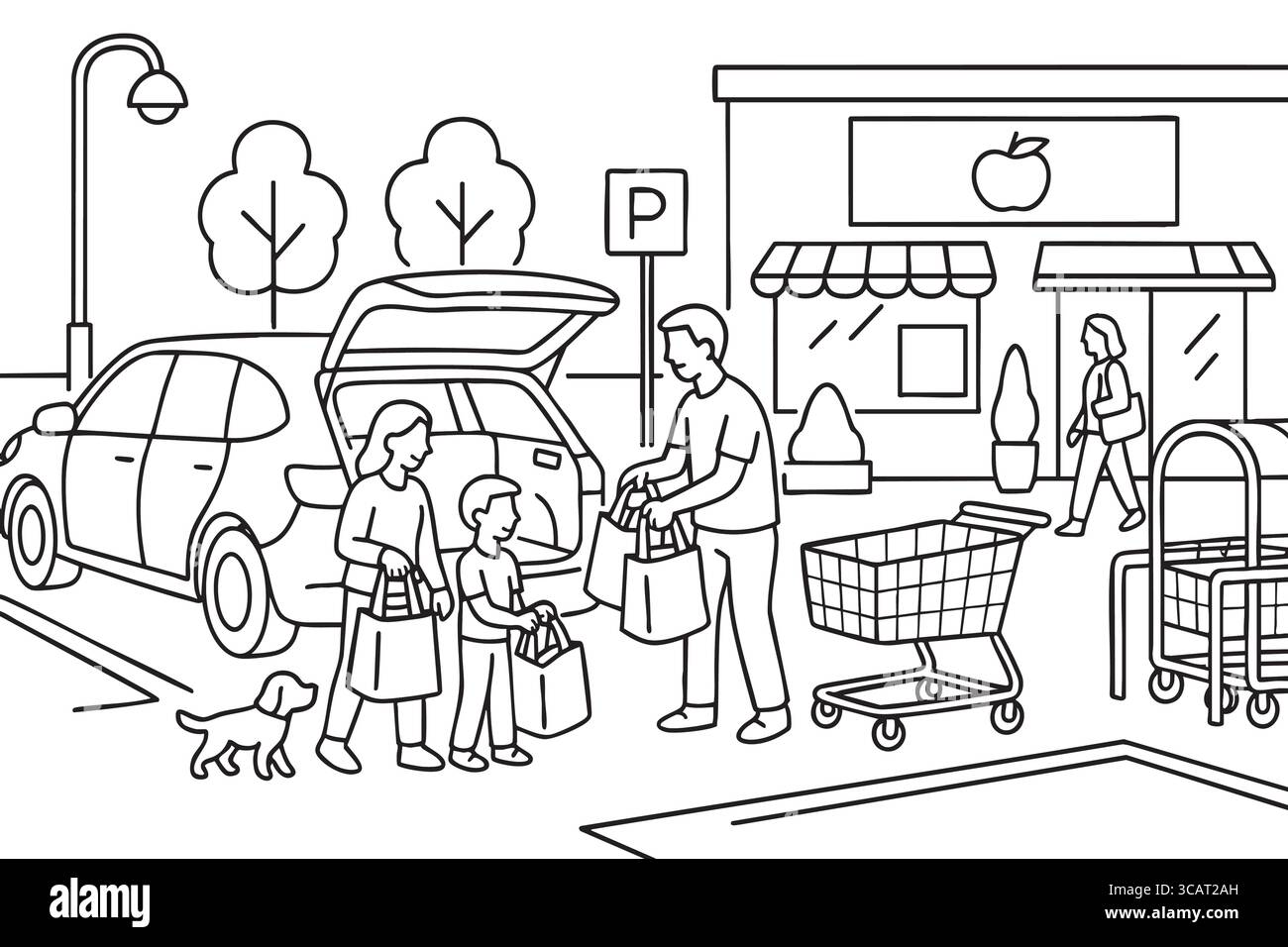 Le famiglie scaricano i prodotti alimentari nella pagina colorata del parcheggio del supermercato. Illustrazione Vettoriale
