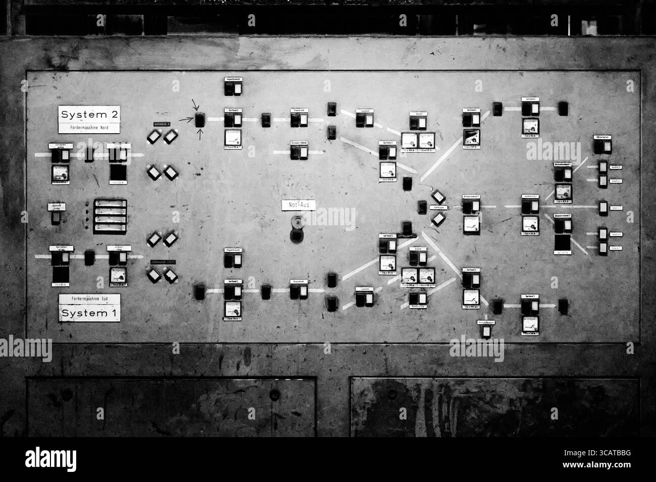 Un pannello di controllo vintage con numerosi interruttori e indicatori, che mostra una rete complessa di sistemi. Il pannello è resistente agli agenti atmosferici e presenta un ae monocromatico Foto Stock
