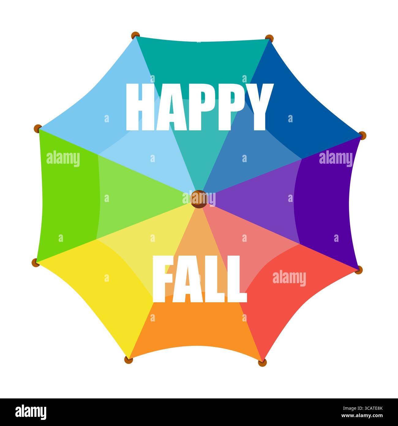 Illustrazione di un ombrello colorato con testo Happy Fall in stile piatto. Perfetto per biglietti d'auguri. Illustrazione Vettoriale