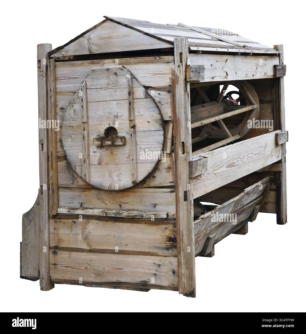 Strano di legno macchinari agricoli rétro in stile steampunk. Isolato con patch Foto Stock