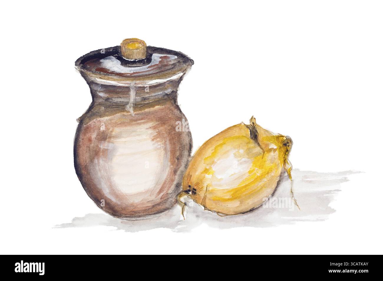 Pentola di creta con il burro e la cipolla lampadina. Fatti a mano di pittura ad acquerello illustrazione su un libro bianco sullo sfondo di arte Foto Stock