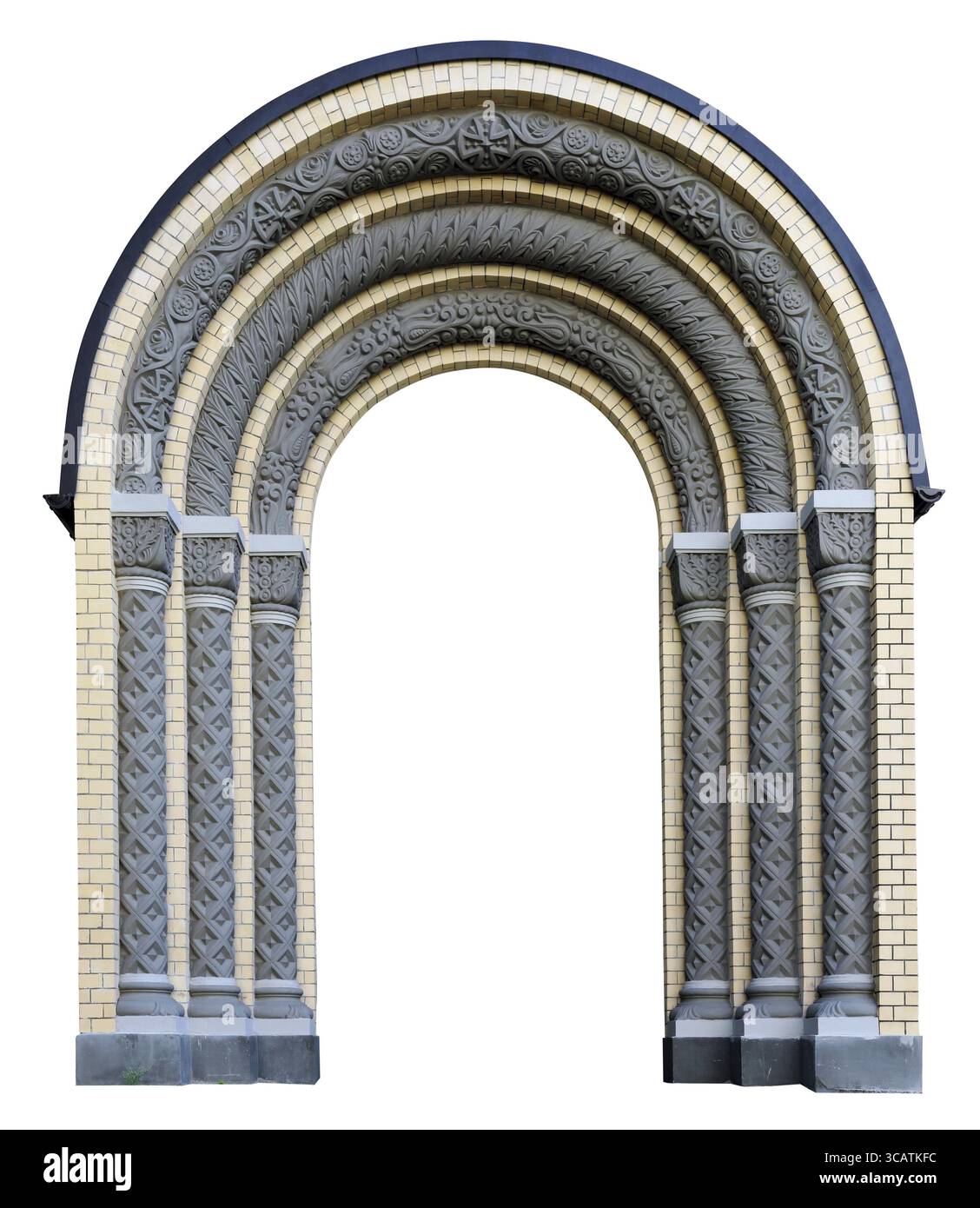 La decorazione architettonica di un pubblico edificio religioso è un arco in mattoni e stucco e cifre stampato. Isolato su bianco Foto Stock
