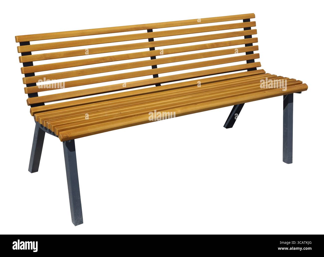 Nuova panca da giardino gialla in legno con gambe in metallo. Isolato con un'area esterna. Produzione di massa Foto Stock