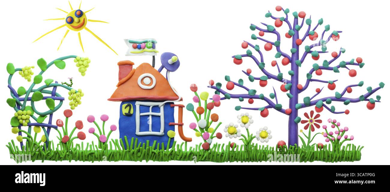 Un collage di bambini isolati in plastica con giardino e una bella casa dolce Foto Stock