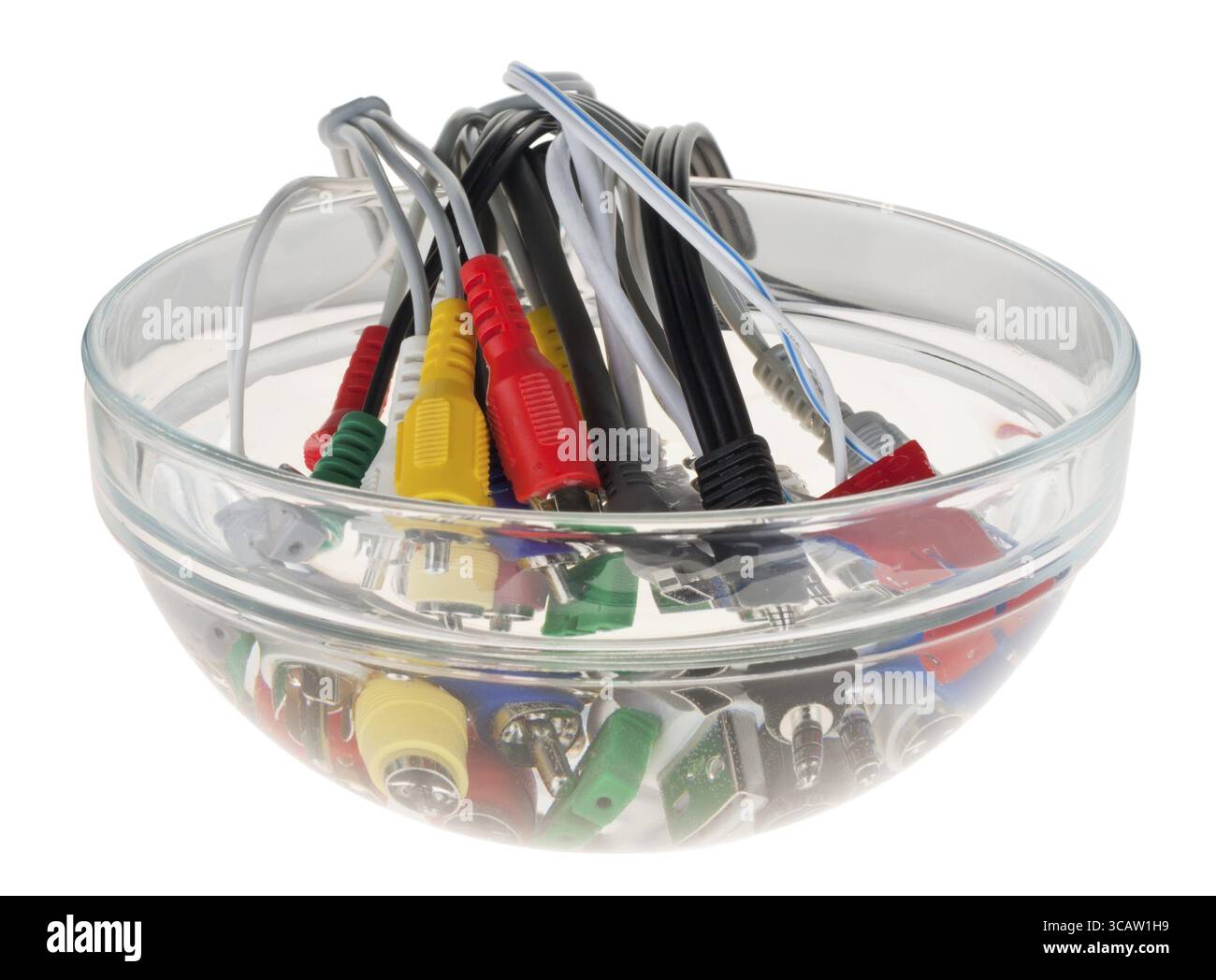 Connettori Internet audio video digitali bagnati in una tazza con acqua. Isolato su bianco con patch Foto Stock
