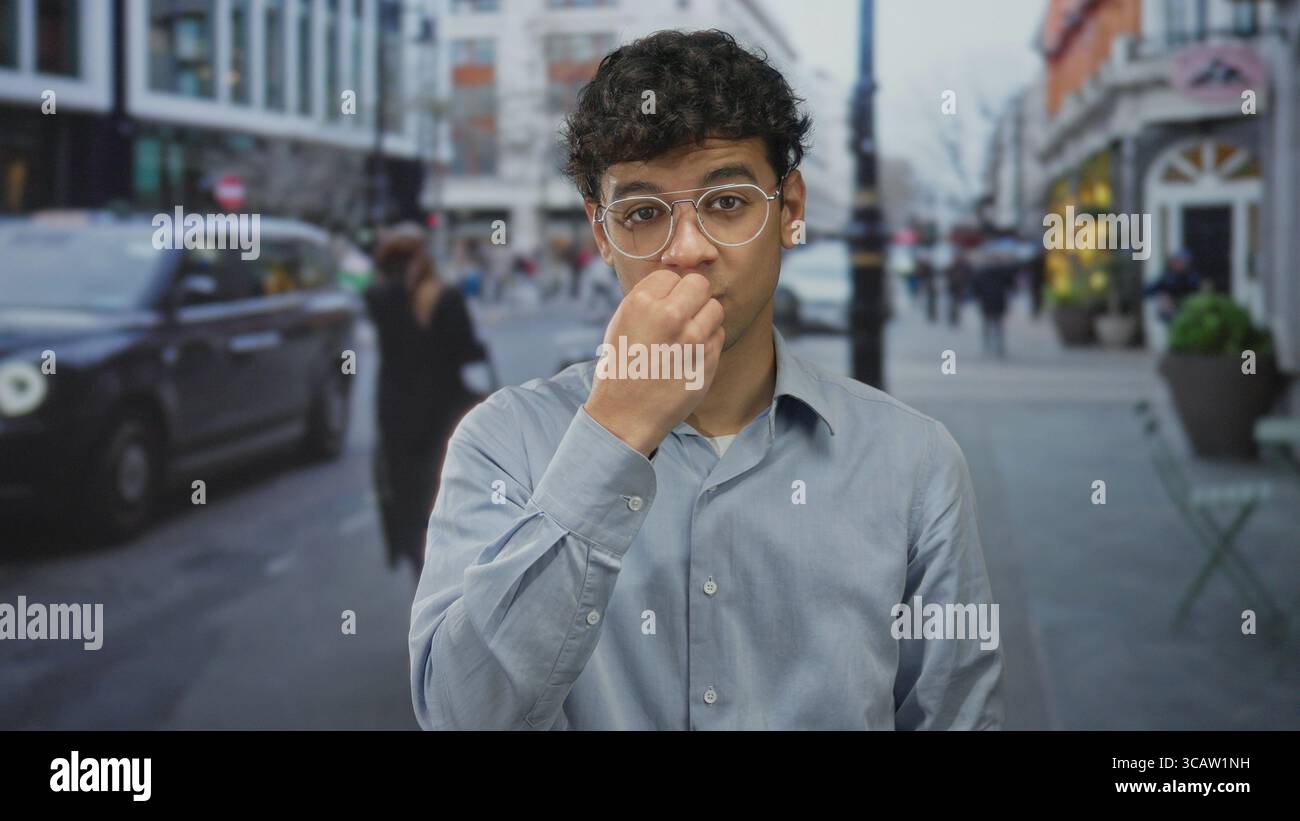 Il giovane ispanico si muove dalle dita alle labbra per fare silenzio sulle strade trafficate della città, con pedoni sfocati e taxi in cornice; tranquillo mistero. Foto Stock