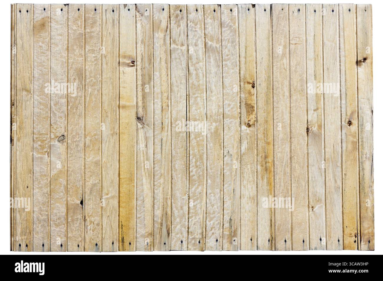 Frammento di pino giallo non verniciato recinzione in legno. Isolato con patch Foto Stock