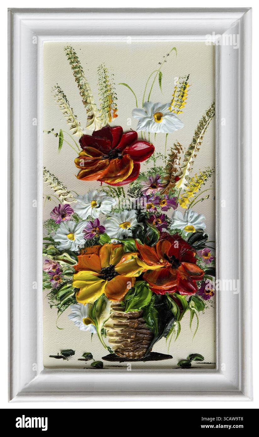 Fantastica estate fiori - olio fatti a mano e di argilla arte pittura illustrazione su una tela in cornice bianca Foto Stock
