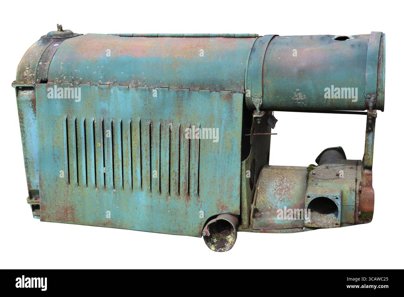 Motore diesel per trattori piccoli Rusty retrò verniciato di blu. Isolato su bianco Foto Stock