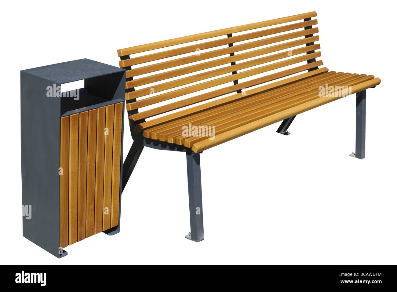 Nuova panca da giardino gialla in legno con gambe in metallo e cestino per rifiuti moderno. Isolato con un'area esterna. Produzione di massa Foto Stock