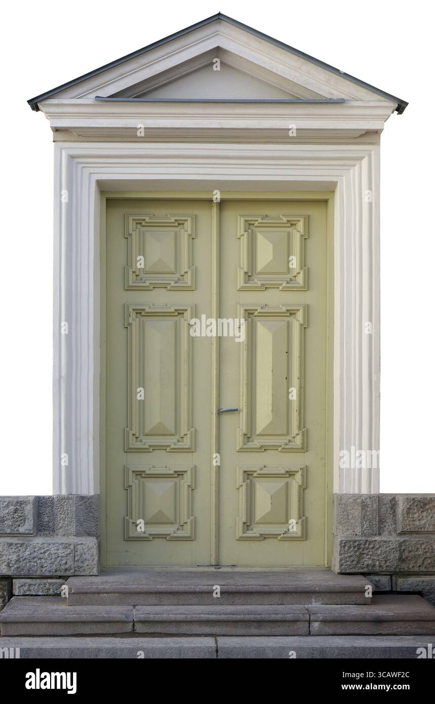 Moderne in legno yellowl porta con un arco stilized in un rétro in stile medievale. La produzione di massa. Isolato Foto Stock