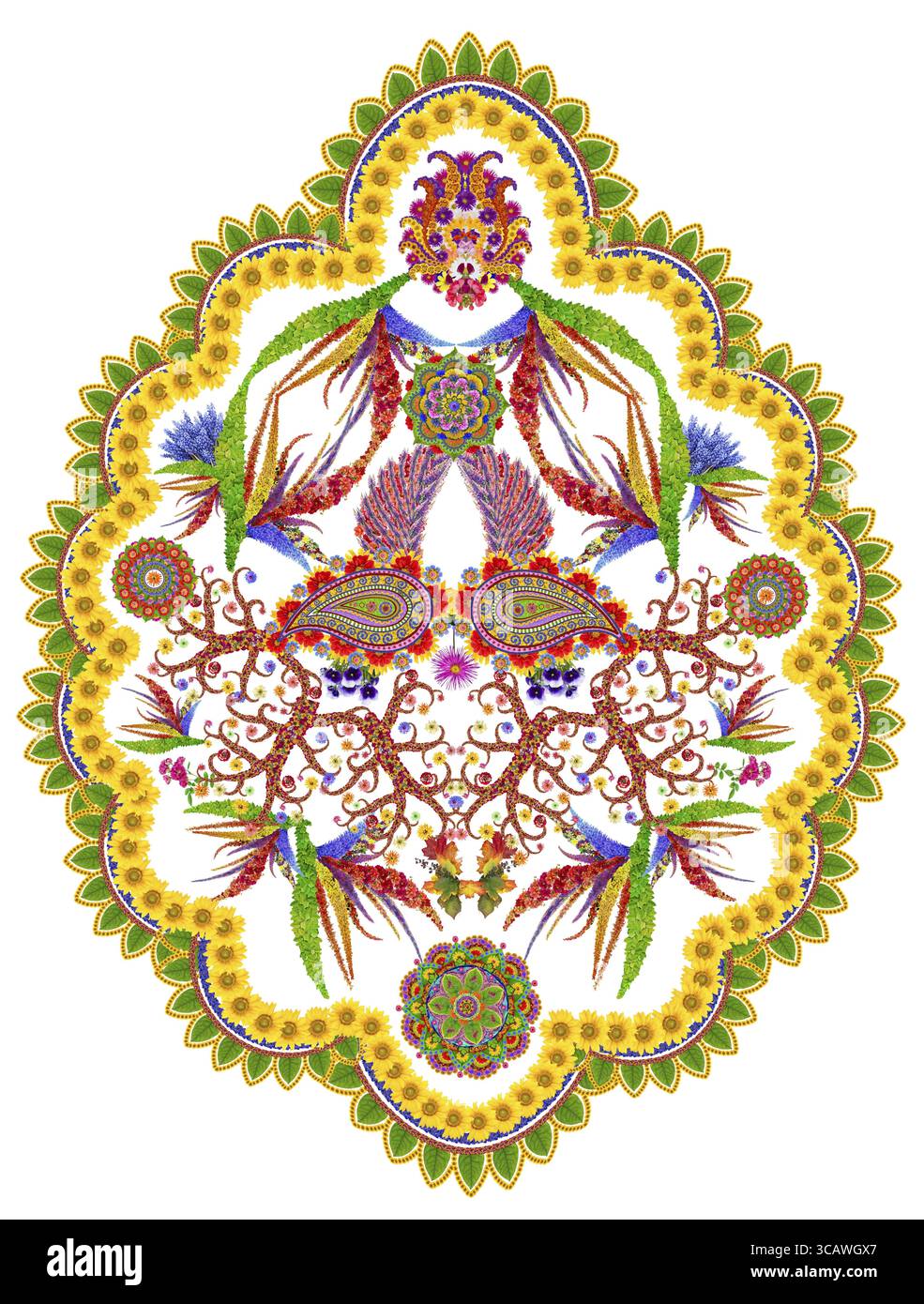 Elemento fondamentale del tappeto persiano - un frutto di limone del Paradiso . Collage isolato fatto a mano da fiori vivaci Foto Stock