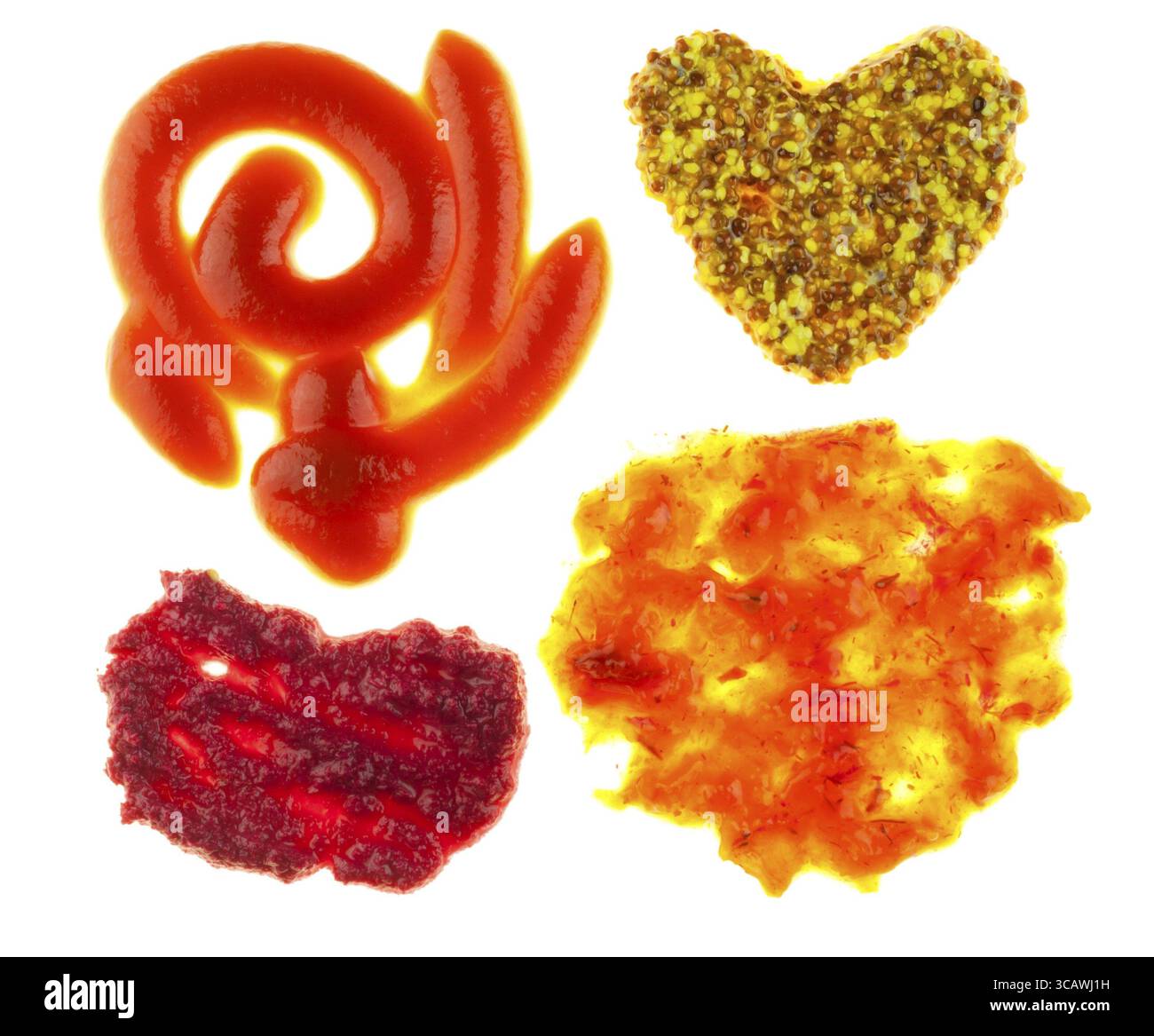 Macchie di ketchup, salsa piccante, un ravanello di cavallo e senape in fiamme. Isolato su bianco Foto Stock