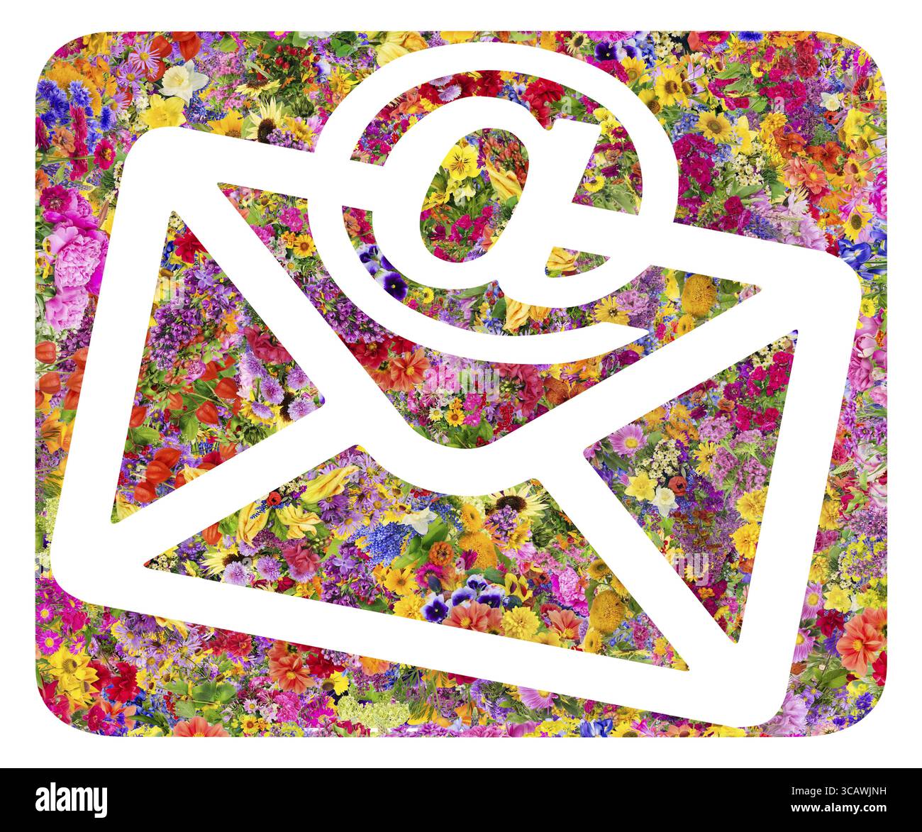 Post la busta e il mondo simbolo standard di e-mail collage. Isolato astratta immagine fatti a mano dai fiori d'estate Foto Stock