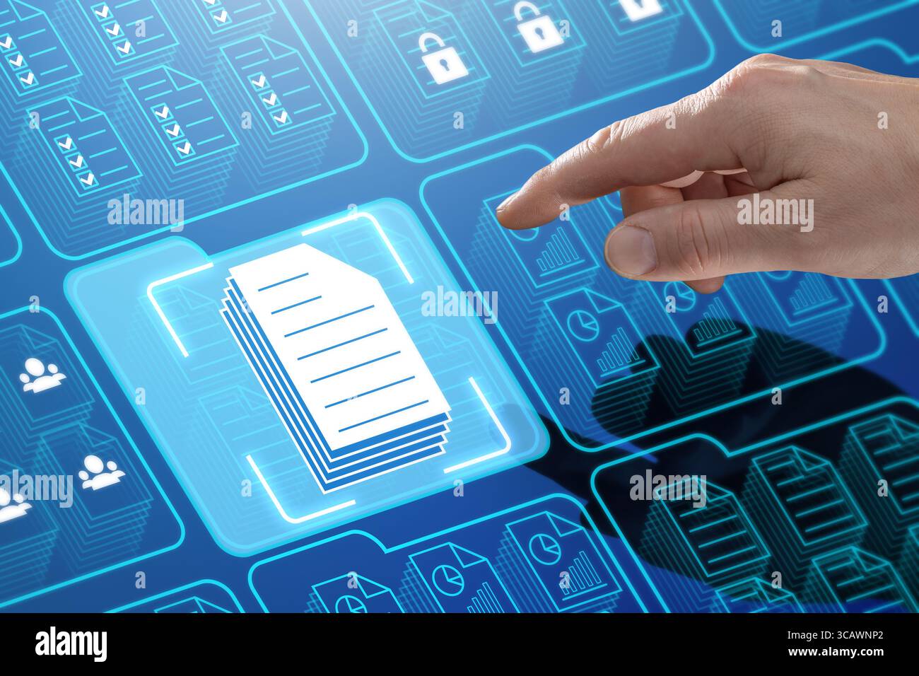 Una mano interagisce con un'interfaccia digitale con icone di documenti ed elementi di memorizzazione dati. Concetto di conformità aziendale, storage sicuro dei file e. Foto Stock