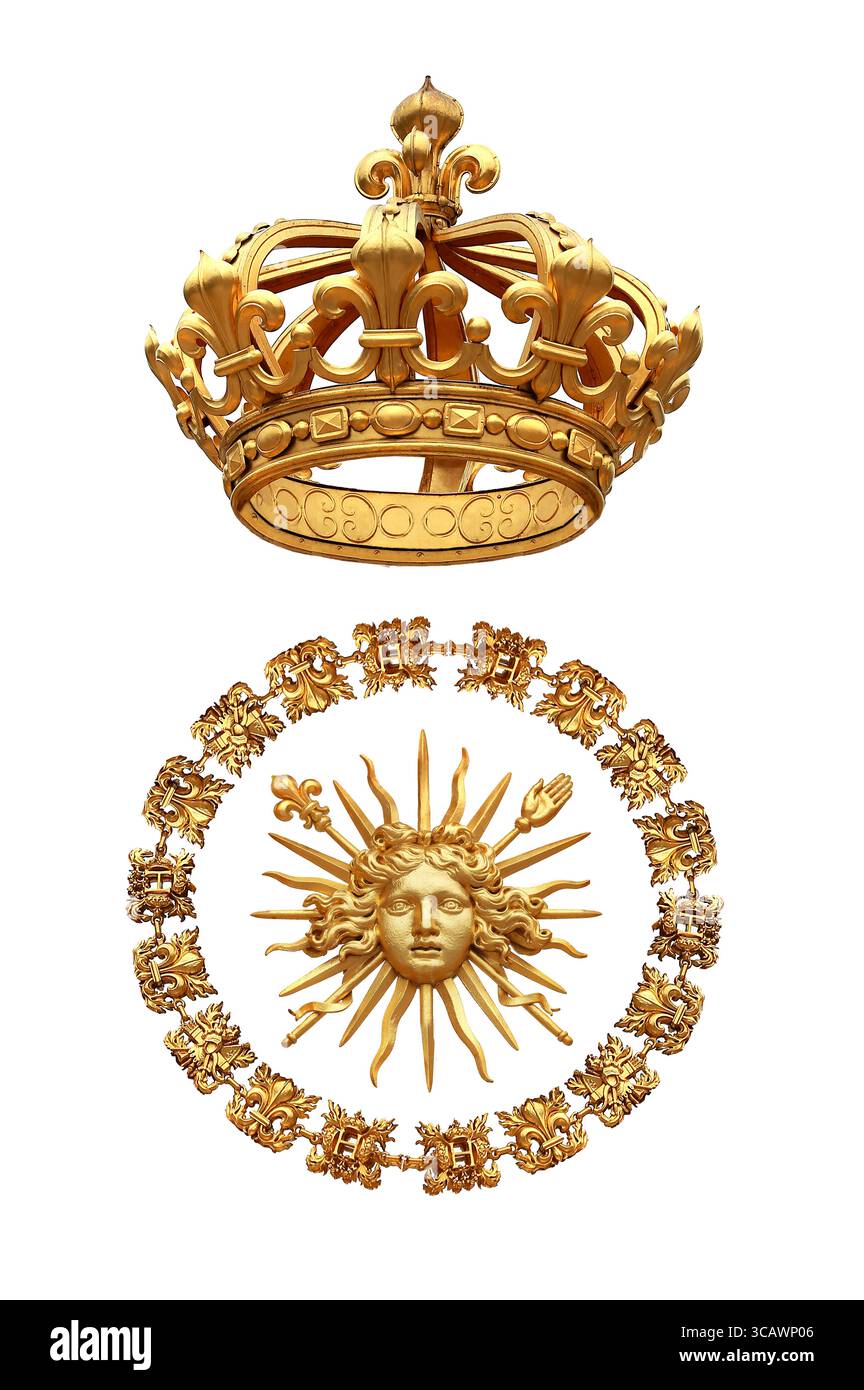 Dettagli isolati, sole dorato, Reggia di Versailles. Francia Foto Stock