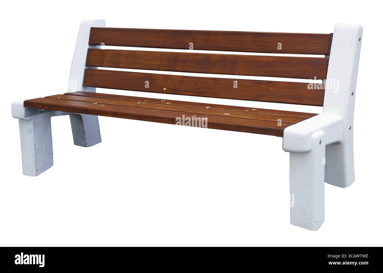 Nuova panca gialla in legno con gambe in cemento. Isolato . Produzione di massa Foto Stock