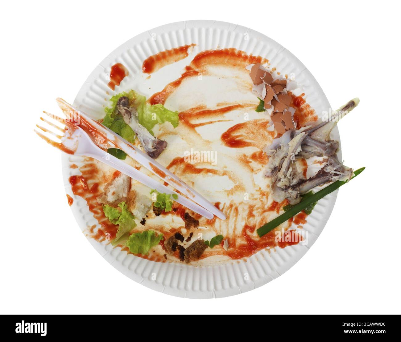 La festa si è conclusa con un concetto di barbecue con amici. È rimasta isolata la piastra di carta usa e getta con ossa, briciole, ketchup e macchie di insalata Foto Stock