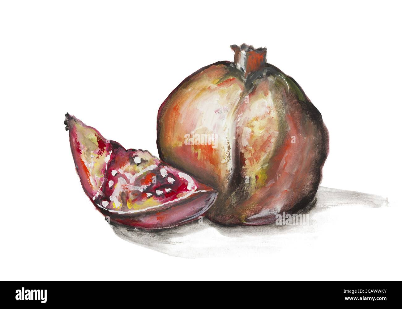 Frutti di melograno - handmade pittura acrilica illustrazione su un libro bianco sullo sfondo di arte Foto Stock