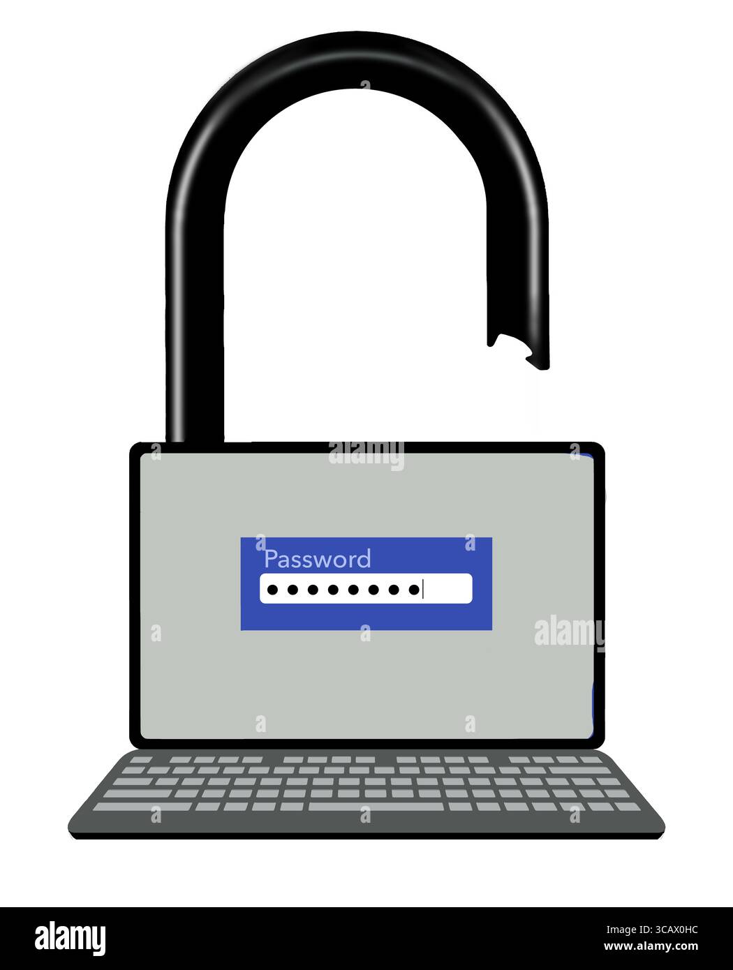 Lo schermo di un computer portatile ha l'aspetto di un lucchetto che è stato appena aperto con una password in un'illustrazione in 3D sulla sicurezza del computer. Foto Stock
