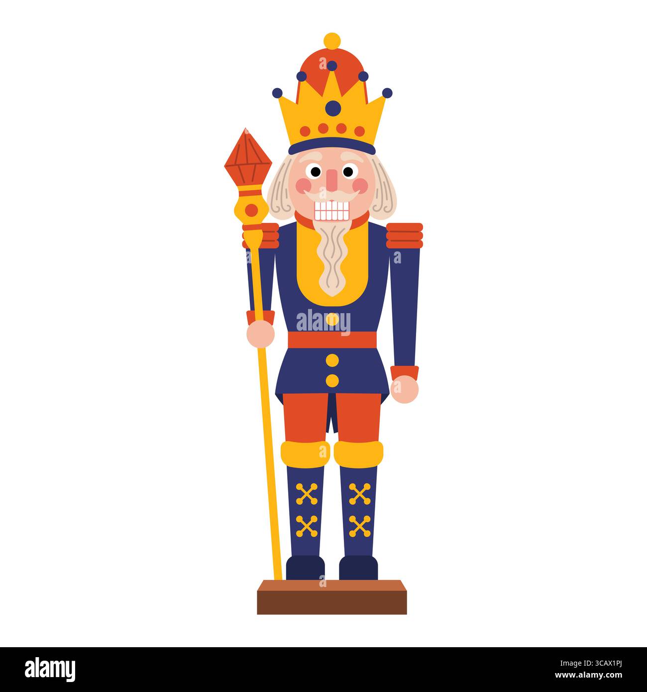 Re giocattolo di Natale con corona e personale reale in costume classico. Stile piatto cartoni animati per le feste. Perfetto per biglietti d'auguri, stampe, dicembre Illustrazione Vettoriale