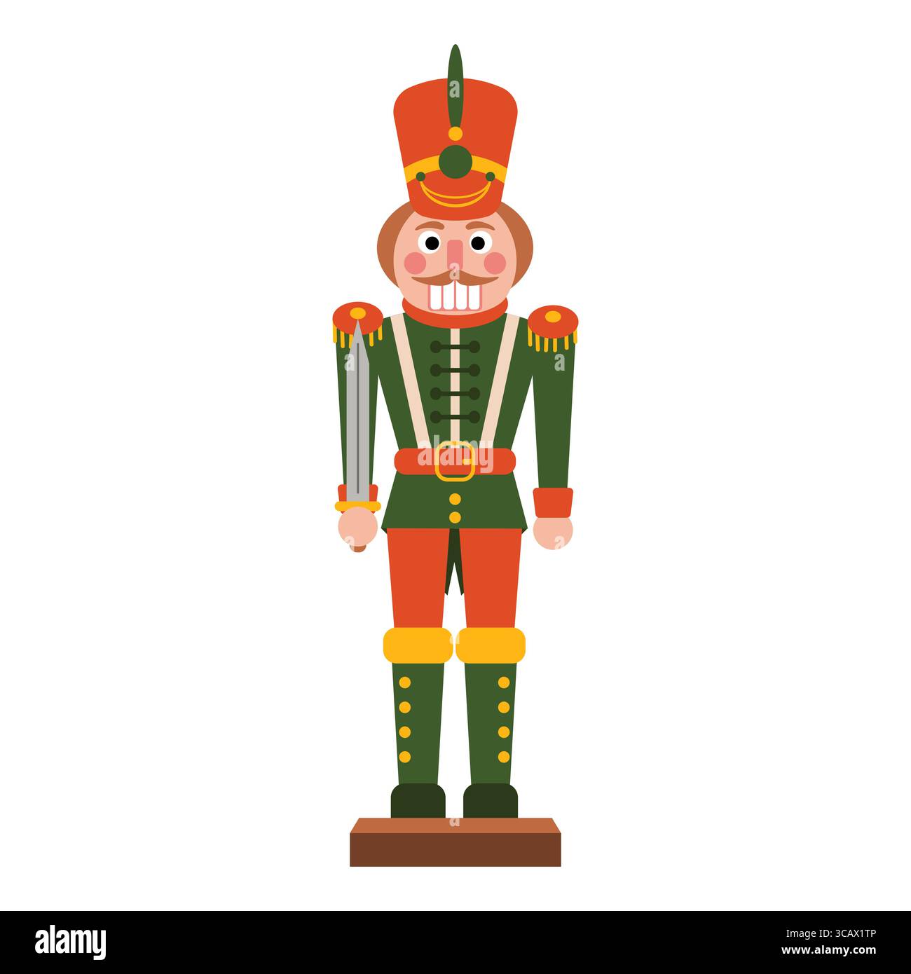 Soldato giocattolo dello schiaccianoci di Natale con spada in uniforme brillante. Tradizionale stile cartoni animati piatto. Ideale per biglietti natalizi, stampe invernali, confezione regalo, holi Illustrazione Vettoriale