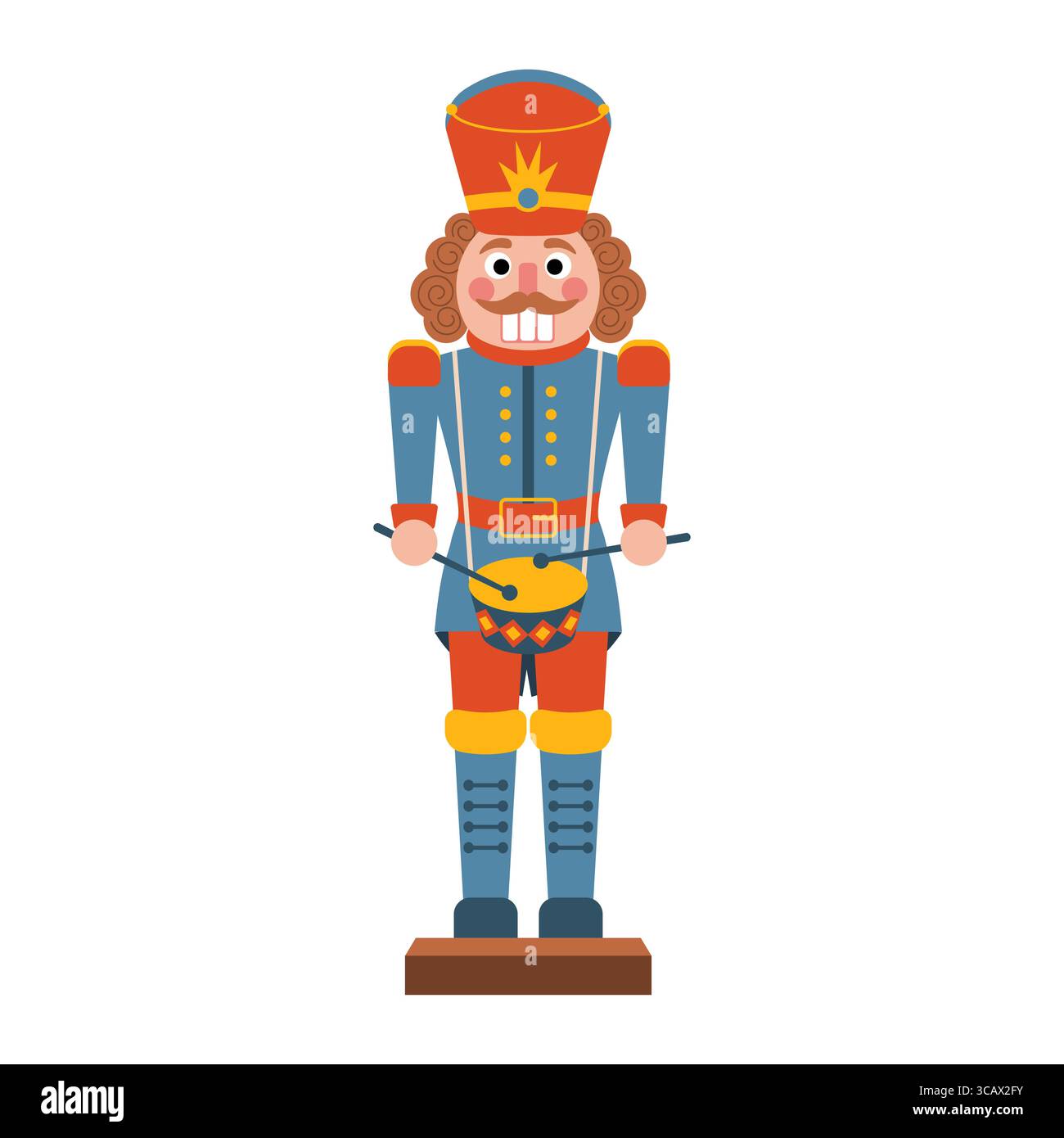 Soldato giocattolo dello schiaccianoci di Natale con tamburo in uniforme festosa. Tradizionale stile cartoni animati piatti. Perfetto per biglietti d'auguri, decorazioni, stampe, confezioni, e. Illustrazione Vettoriale