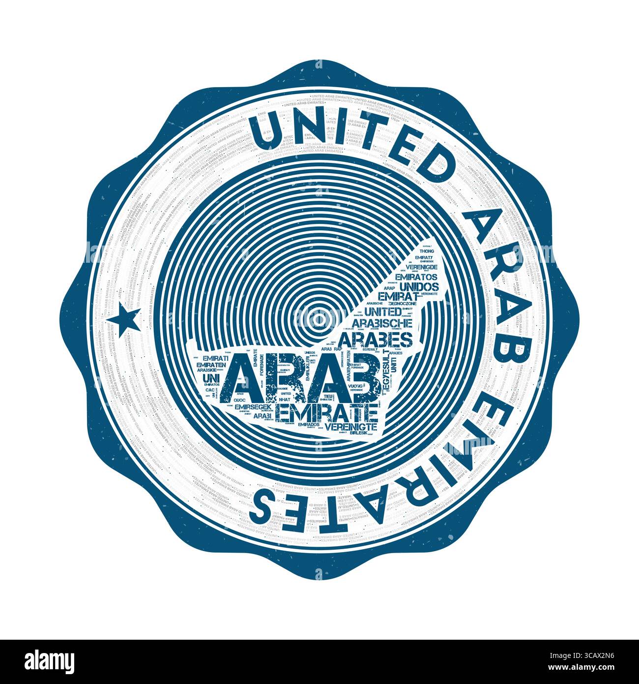 Sigillo degli Emirati Arabi Uniti. Logo rotondo paese con la forma degli Emirati Arabi Uniti e il nome del paese in più lingue wordcloud. Splendido emblema. Illustrazione vettoriale VIBRANT. Illustrazione Vettoriale