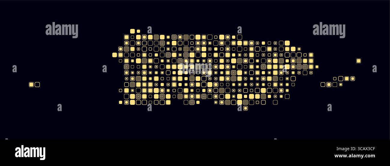 Porto Rico, forma del paese costruito con celle colorate. Mappa digitale di Porto Rico su sfondo scuro. Blocchi quadrati arrotondati di piccole dimensioni. Illustrazione Vettoriale