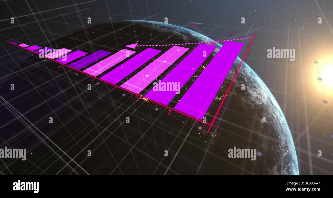 Freccia del grafico a barre 3D viola di tendenza che si innalza sull'orbita terrestre, griglie bianche, bagliore del sole, luci della città Foto Stock