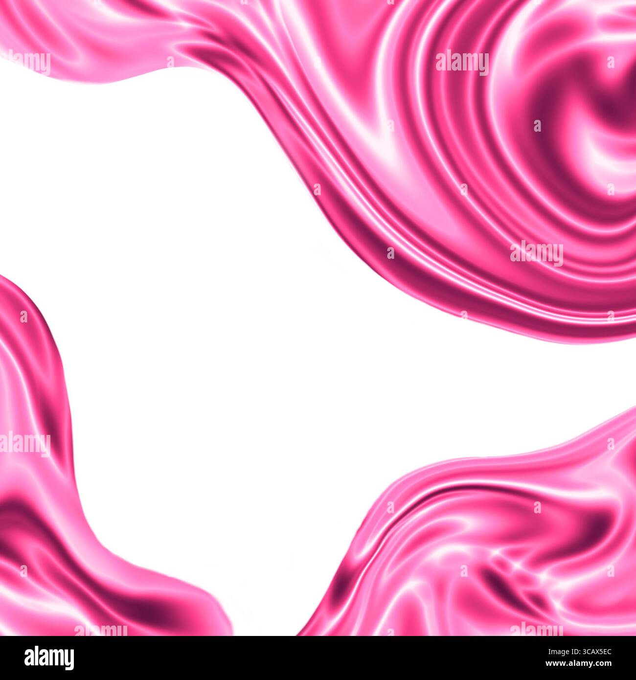 Immagine quadrata con un tessuto satinato rosa che scorre negli angoli e un centro bianco pulito per il testo. Onde morbide, lucentezza e consistenza setosa creano un lusso Foto Stock