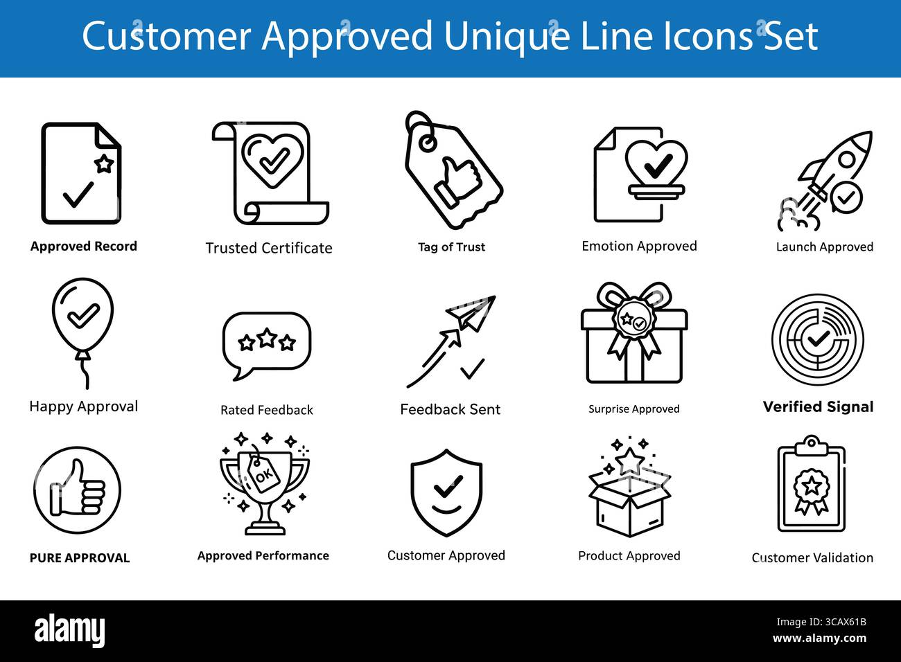 Icona linea approvata dal cliente Imposta icone minimaliste di approvazione e feedback del contorno nero Illustrazione Vettoriale