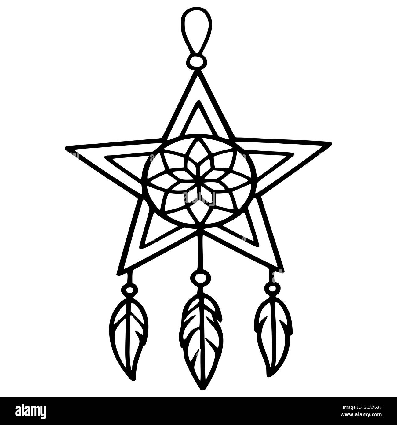 Un'illustrazione vettoriale di un ricevitore a forma di stella con tre piume, caratterizzato da un design simile a mandala all'interno della stella, perfetto per un projec a tema bohothemato Illustrazione Vettoriale