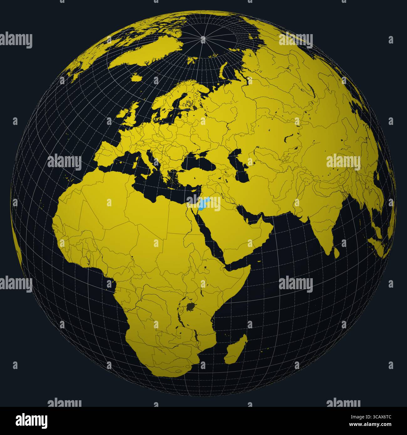 Regno hascemita di Giordania su Globe. Vista paese sulla mappa del mondo nella tavolozza dei colori giallo brillante Charcoal. Forma Jordan sulla mappa. Illustrazione Vettoriale