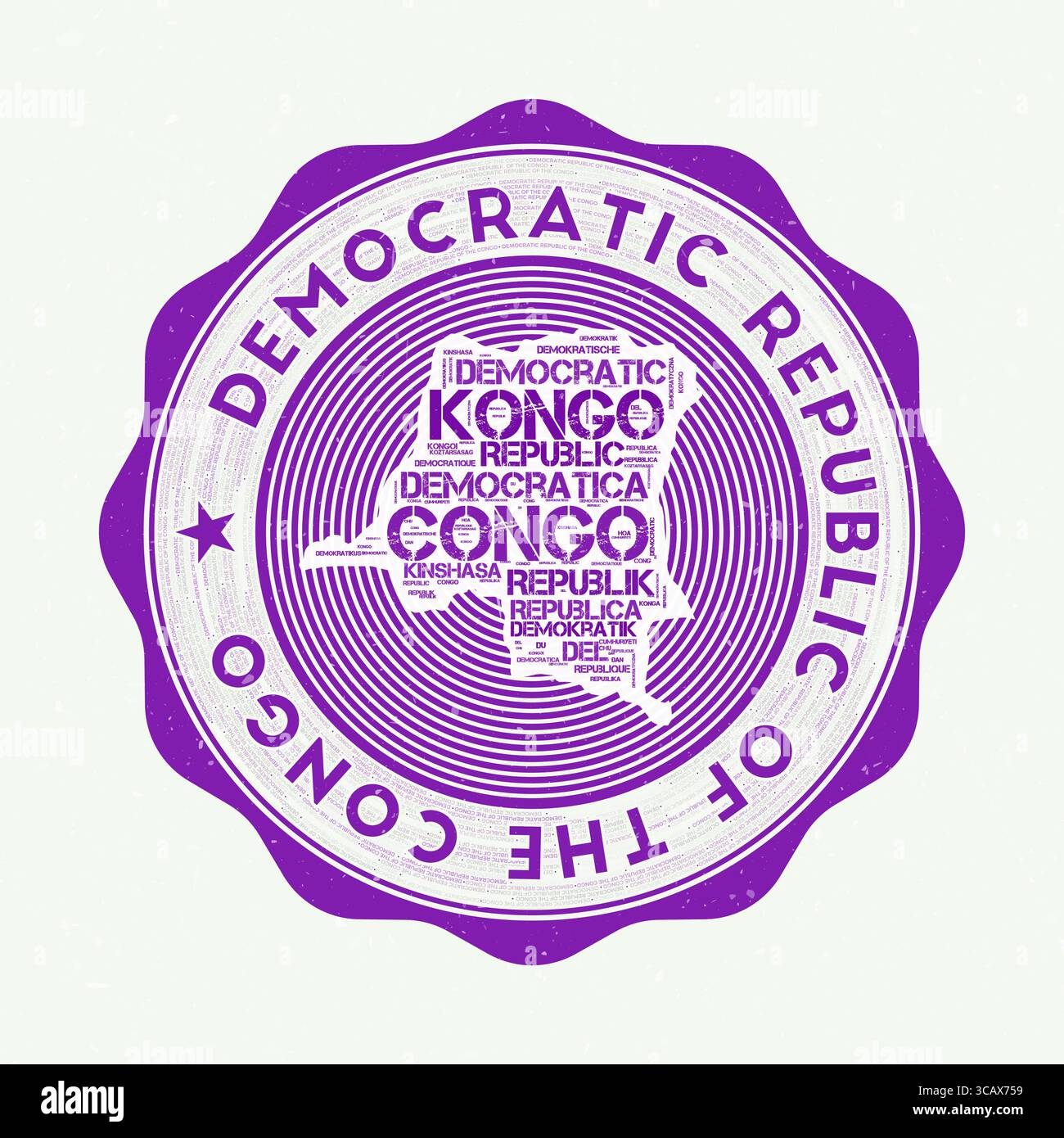 Sigillo DEL DOTTOR Congo. Logo rotondo paese con forma della Repubblica Democratica del Congo e nome del paese in più lingue wordcloud. Emblema fantastico. Illustrazione Vettoriale
