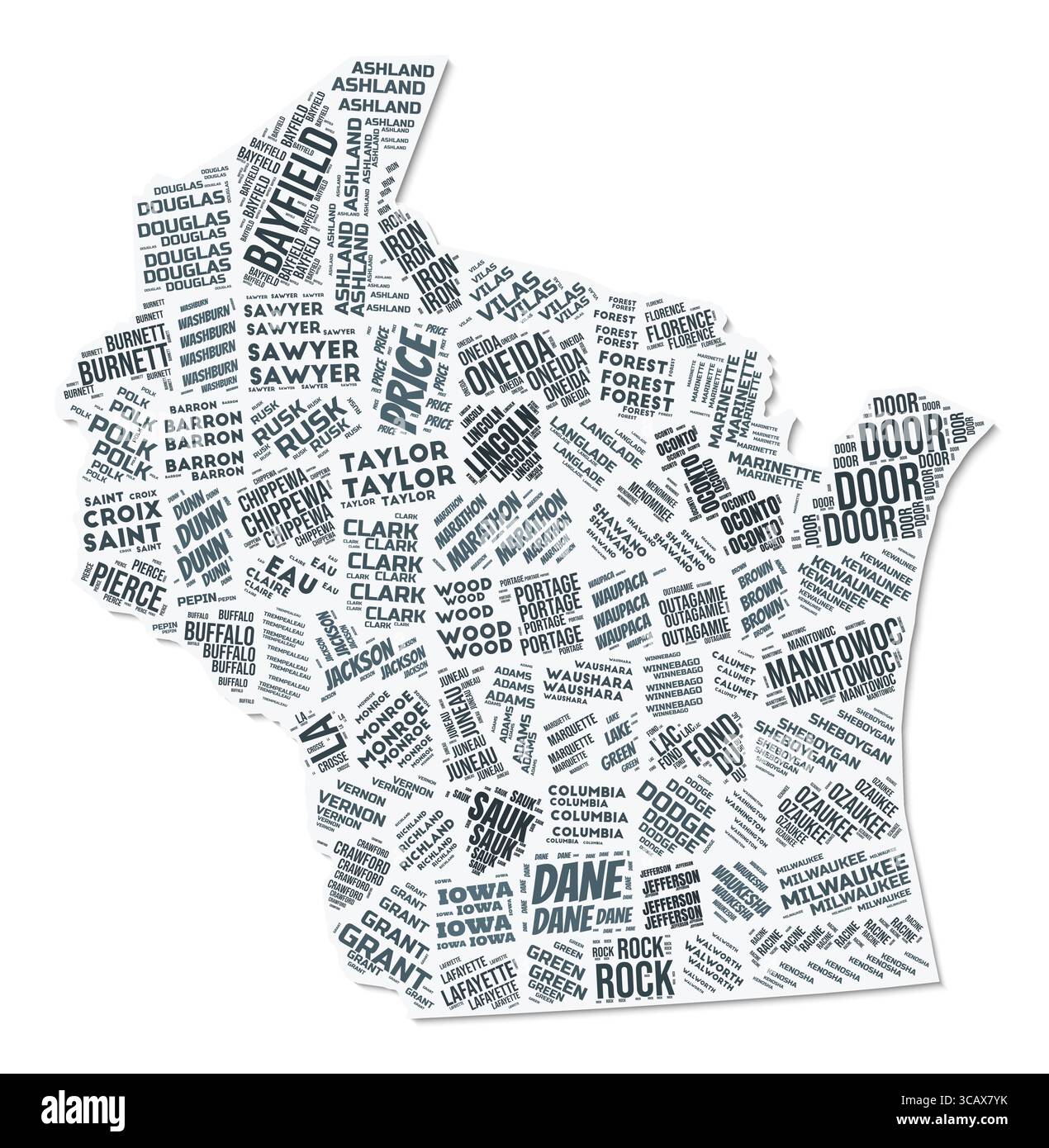 Fumetto di testo a forma di Wisconsin. Confine di stato con ombra su sfondo bianco. Wisconsin con divisione contee in stile vintage gazette. Illustrazione Vettoriale