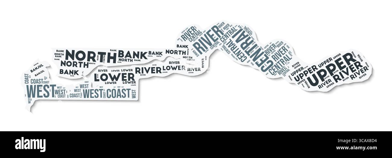 Fumetto di testo a forma di Gambia. Confine del paese con ombra su sfondo bianco. Gambia con divisione regionale in stile vintage gazette. Illustrazione Vettoriale