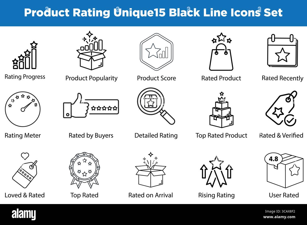 Icone della linea di valutazione del prodotto Set Punteggio nominale dell'utente, Meter con valutazione superiore, revisione del prodotto verificata Illustrazione Vettoriale